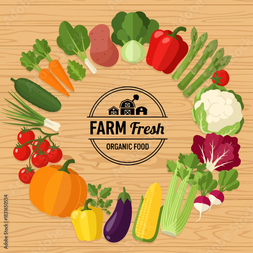 A colorful bounty of fresh vegetables, including pumpkin, corn, and peppers, forms a circular frame around a rustic "Farm Fresh" logo on a light wood texture background
