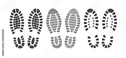 Three distinct shoe prints are shown side-by-side on a white background.