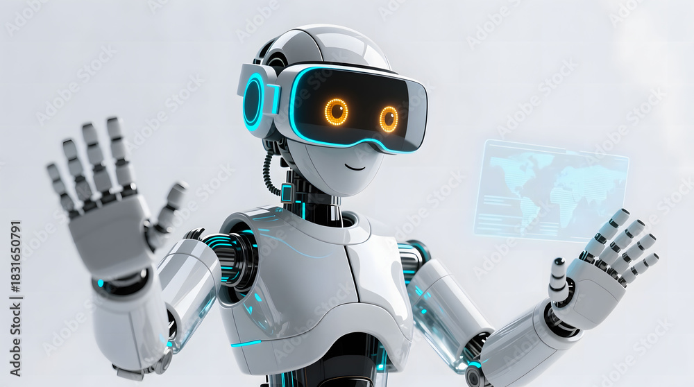 Naklejka premium AI in Virtual Reality, a humanoid robot wearing a VR headset and interacting with floating holographic data, symbolizing immersion and next-generation digital exploration.