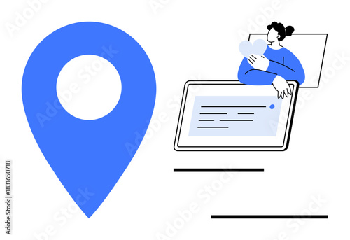 Geolocation concept. Geolocation pin icon and user engaging with a digital device navigation and location services. Geolocation enables directional tools and tracking solutions. Perfect