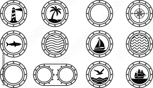 Nautical Porthole Icon Collection Featuring Lighthouse, Compass, Ship, Shark, and Ocean Scenes for Marine, Travel, and Vector Design Use