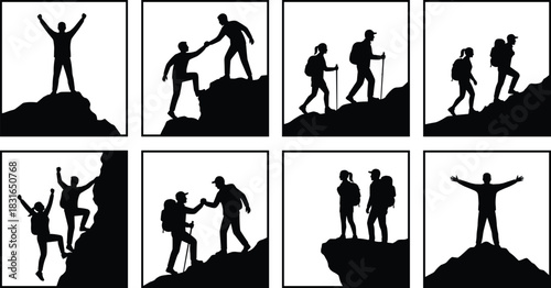 Mountain Hiking Silhouette Collection Depicting Teamwork, Adventure, and Outdoor Exploration on Peaks, Cliffs, and Rugged Terrain for Nature-Themed Designs