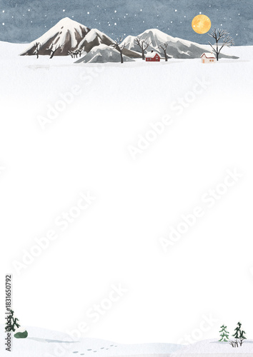 눈 내리는 겨울밤 수채화 일러스트 배경