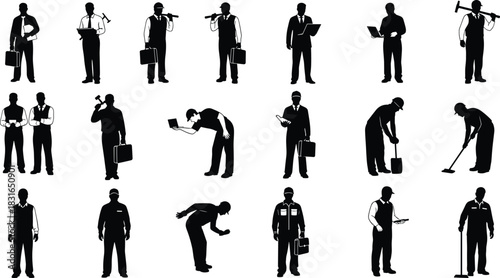 Professional Worker Silhouette Collection Featuring Business, Labor, and Tool-Based Poses for Industry, Occupation, and Vector Design Illustration Use