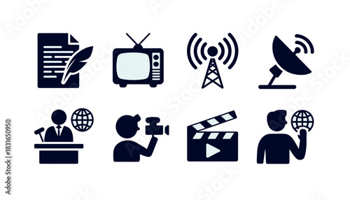 A collection of graphic icons representing media, communication, and broadcasting industries.
