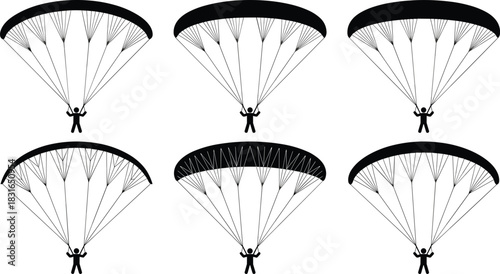 Silhouette collection of parachute icons with suspended skydivers, showcasing various canopy shapes and suspension line configurations for flight