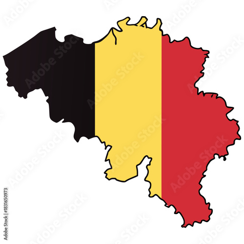 The accurate outline map of Belgium. The map is filled with the Belgian tricolor flag, featuring three vertical stripes: black on the left, yellow in the middle, and red on the right.