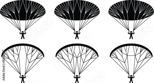 Silhouette set of parachute designs with suspended skydivers, showcasing evolution in canopy shapes and suspension line configurations for aerodynamics