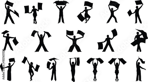 Silhouette set of people holding flags and banners in various poses representing protest, celebration, and public demonstration themes