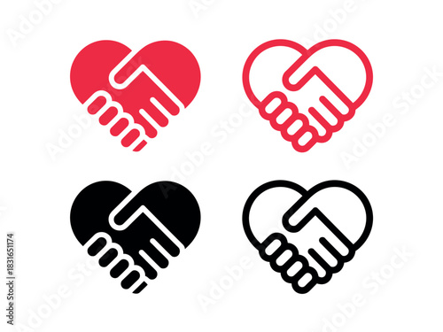 A collection of stylized heart icons, each featuring a handshake motif, symbolizing unity and partnership.