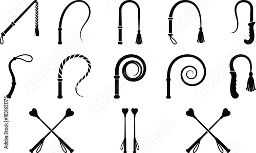 Silhouette set of whip and riding crop icons featuring braided, coiled, tasseled styles and heart-shaped equestrian accessories