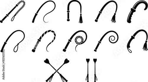 Silhouette set of whip and riding crop icons featuring various handle styles, tassel ends, and heart-shaped equestrian accessories