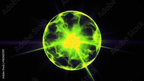 3d glowing cosmic sphere animation in the Universe. Animated green 3d sphere made of shining particles and energy rays. Rotating technology sphere. Matrix, artificial intelligence, technology, science