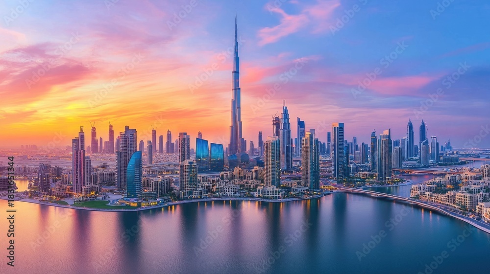 Obraz premium Breathtaking sunset over the sleek skyscrapers and glass and steel towers of a modern metropolitan city skyline reflecting in the calm waters below