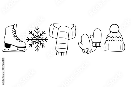 A delightful set of hand-drawn winter icons—featuring an ice skate, snowflake, scarf, mittens, and beanie—illustrated in a minimalist black-and-white doodle style