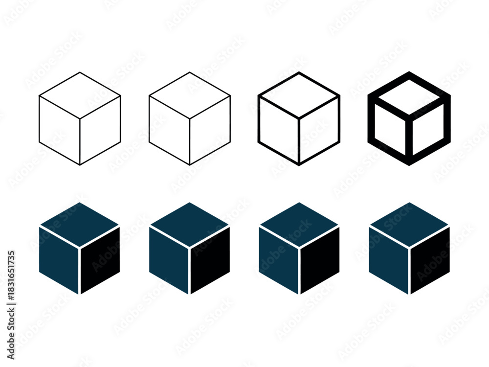 Fototapeta premium A progression of cube designs from simple outlines to solid shapes illustrates the evolution of geometric representation.