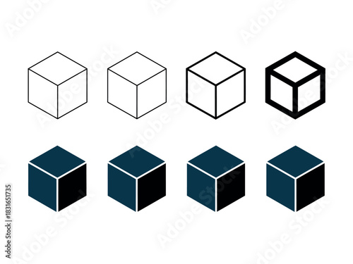 A progression of cube designs from simple outlines to solid shapes illustrates the evolution of geometric representation.
