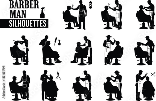 Collection of diverse barber man silhouettes showcasing various haircutting and styling scenes in a vintage artistic style