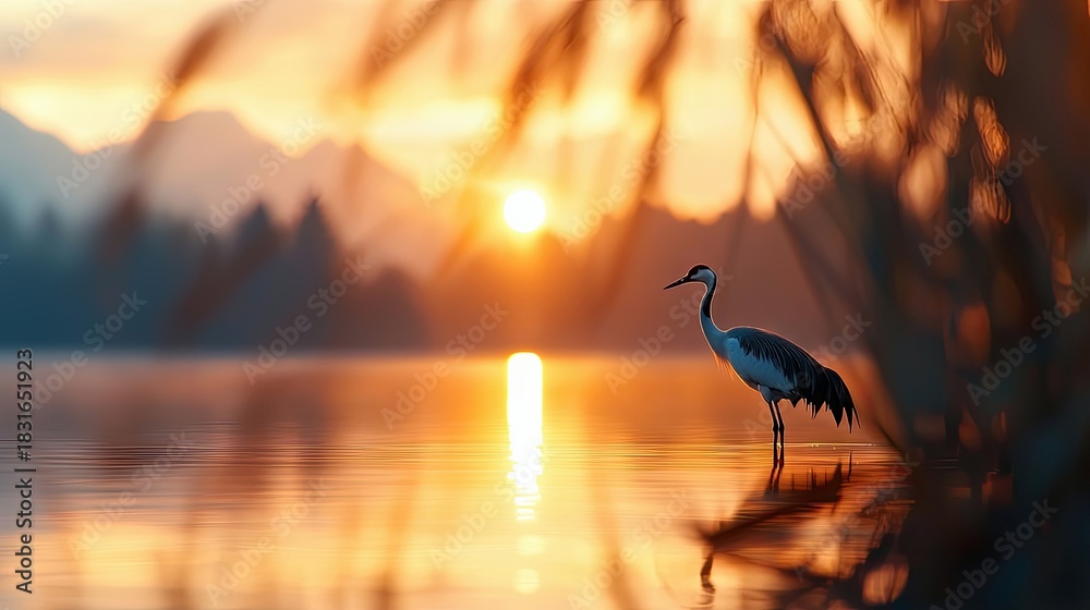 Obraz premium A crane stands in shallow water, silhouetted against a vibrant sunset over a lake, with mountains in the background.