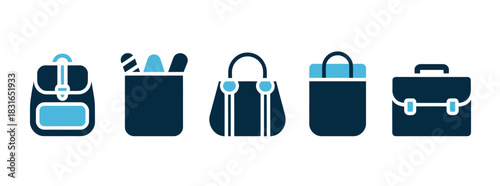 A collection of diverse bags, including a backpack, tote, duffel, and briefcase, represents various carrying needs and styles.