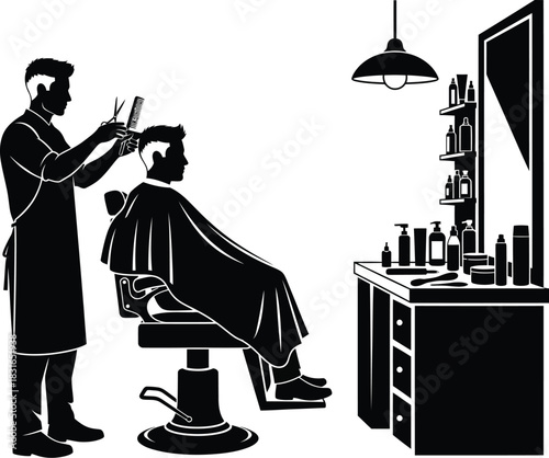 Silhouette of a barber cutting hair of a client sitting in a vintage barber chair in a retro salon