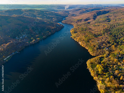 Beautiful landscape shot with nature and water from the top from a drone. Brno Dam, Czech Republic-Europe