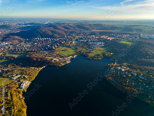 Beautiful landscape shot with nature and water from the top from a drone. Brno Dam, Czech Republic-Europe