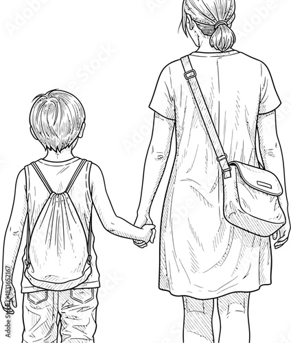 Artistic sketch of a mother and child holding hands walking together with backpacks
