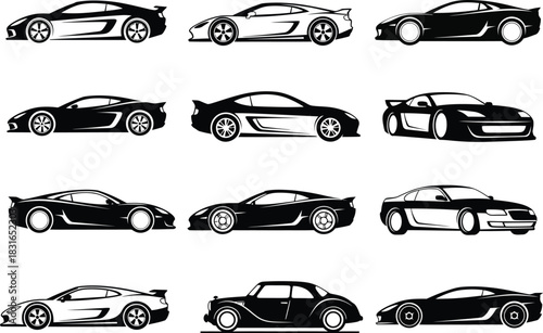 Collection of twelve stylized black and white illustrations of various sports cars and classic automobiles in motion
