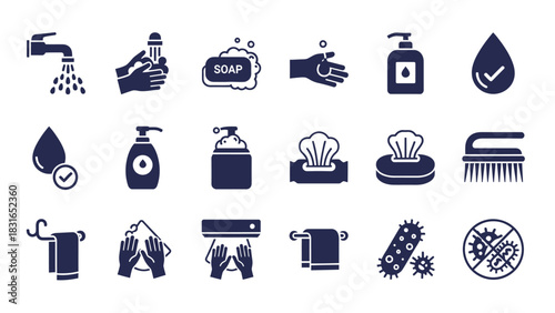 Hygiene and cleanliness icons depicting handwashing, sanitizing, and disinfection procedures for personal care and health