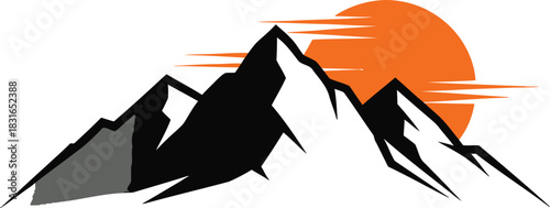 Dramatic mountain peaks silhouetted against a vibrant blurred orange sun at sunrise or sunset