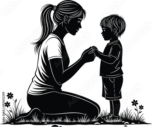 Mother kneeling down to her young child s level holding their hands in a tender moment of connection and love
