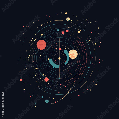 Abstract cosmos vector illustration with planets, stars, orbital rings, and celestial shapes in minimalist flat style for space concept design in dark background