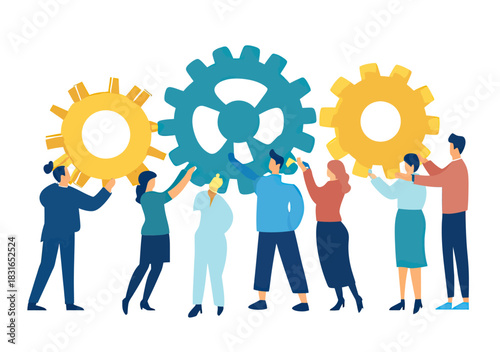 Business team teamwork collaboration with diverse people holding large interlocking gears flat vector illustration for organizational success and cooperation concept
