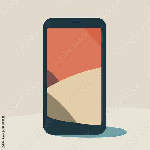 Minimalist flat vector illustration of a modern smartphone with abstract colorful screen and shadow on neutral background digital device concept