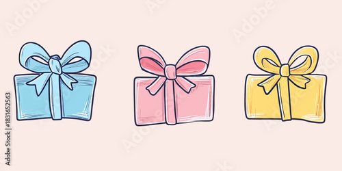 Hand drawn colorful gift boxes with bows set, playful wrapped present illustrations in pastel blue pink yellow, festive holiday celebration icons vector