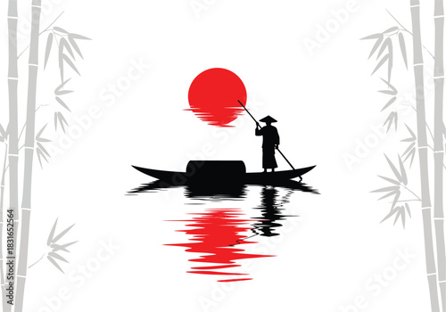 Silhouette of a lone figure poling a traditional boat across calm water with a vibrant red sun reflected on the surface framed by bamboo stalks
