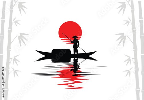 Serene silhouette of a lone fisherman in a traditional boat under a vibrant red sun reflected in calm water