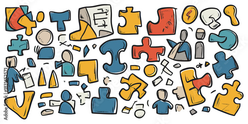 Hand drawn business strategy teamwork icons with puzzle pieces, charts, arrows, and people silhouettes in doodle sketch style vector illustration set