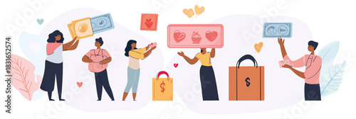Diverse people donating money and gifts to charity with donation boxes and hearts in minimalist flat vector illustration for online crowdfunding and financial support concept