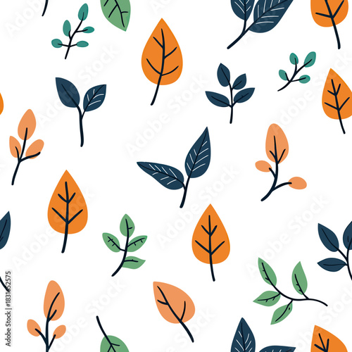 Seamless vector pattern of minimalist flat style autumn leaves in orange, green, and navy blue on white background for nature design and seasonal decor