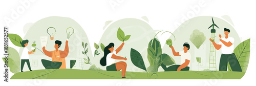 People planting trees and watering plants promoting sustainable environment and renewable energy with green leaves wind turbines in flat minimalist vector design