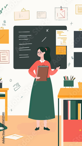 Female teacher standing in classroom holding clipboard with chalkboard and educational posters in minimalist flat vector style illustration