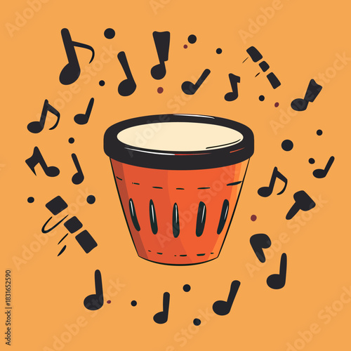 Minimalist vector illustration of traditional bongo drum with black music notes on orange background rhythmic percussion instrument design