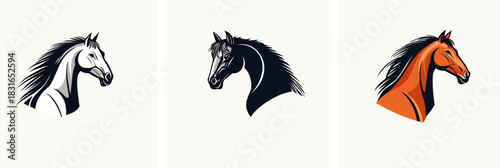 Set of three minimalist horse head logo designs with flowing mane in black and orange vector style for branding and equestrian themes
