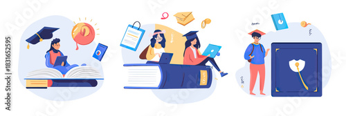 Students studying online education platform with books graduation cap diploma certificate achievement learning concept flat vector illustration set