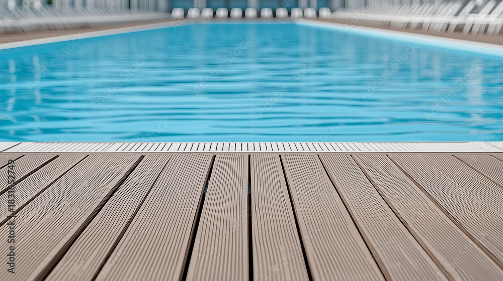 Obraz premium Swimming Pool Edge with Wooden Deck and Blue Water