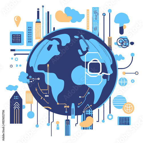 Global digital technology concept with interconnected world map, data circuits, network icons, cloud computing and smart city elements in flat minimalist vector style