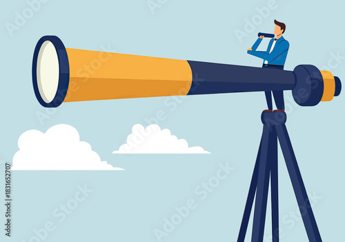 Businessman standing on large telescope tripod looking through handheld telescope into distance with clouds in background vector illustration concept of future vision and opportunity