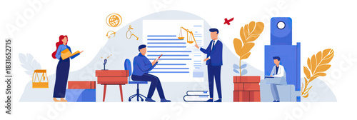 Legal consultation contract signing agreement illustration with lawyer advisor giving advice discussing document in office flat vector